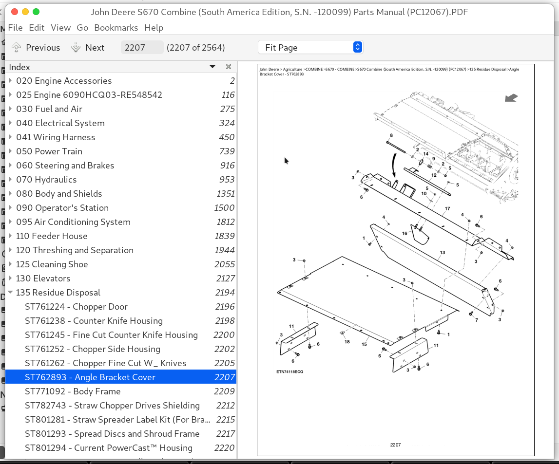 John Deere S670 Combine (South America Edition, S.N. 120099) Parts